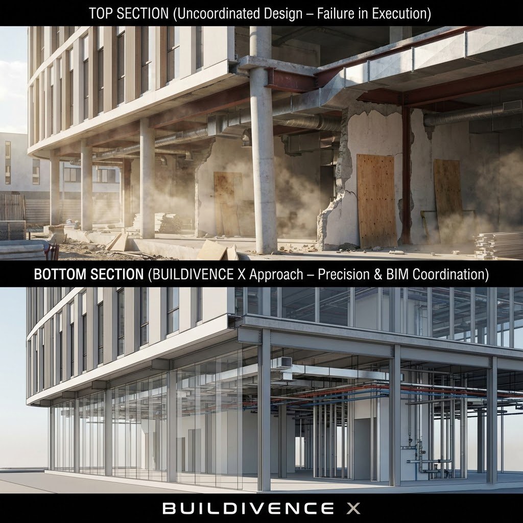 مقارنة بين تصميم معماري ثلاثي الأبعاد والواقع التنفيذي الدقيق بفضل مخططات IFC المنسقة Comparison between 3D architectural design and precise execution reality thanks to coordinated IFC drawings