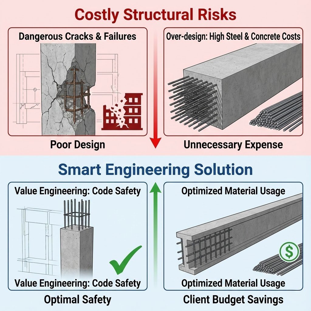 نموذج تحليل إنشائي (ETABS) يظهر توزيع الأحمال والإجهادات لتحسين التصميم وتقليل كميات الحديد والخرسانة 3D ETABS structural analysis model showing load distribution and stress maps to optimize design and reduce steel/concrete quantities