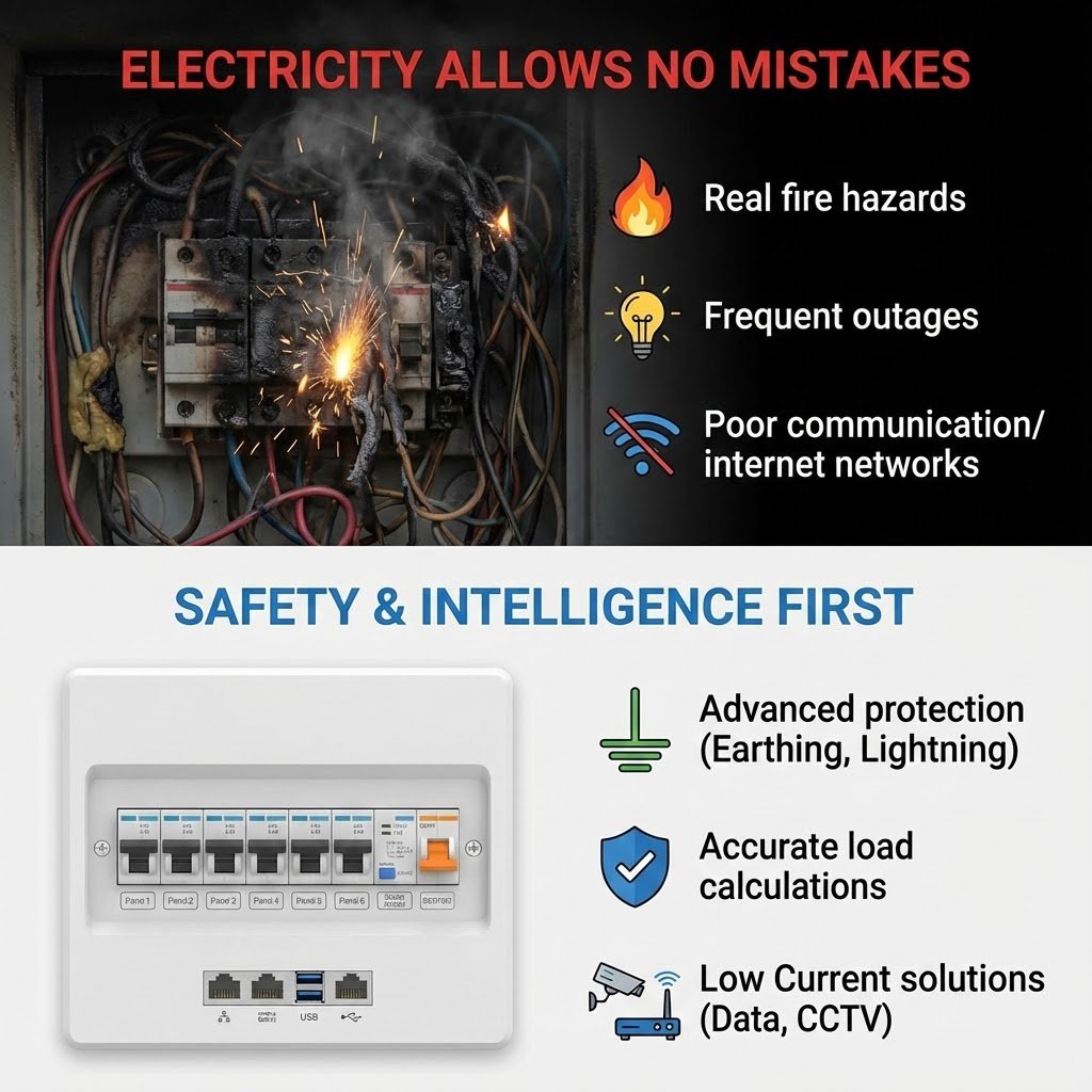 مخطط كهربائي ونموذج BIM يوضح توزيع الأحمال بدقة، وأنظمة التأريض، وشبكات التيار الخفيف (كاميرات وبيانات) Electrical schematic and BIM model showing precise load distribution, earthing systems, and smart low current networks (CCTV/Data)