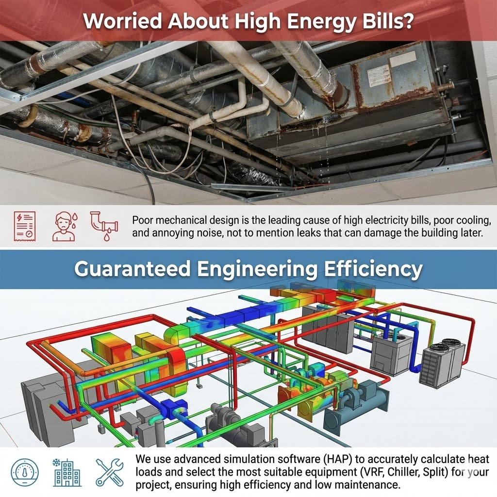 نموذج BIM ثلاثي الأبعاد يوضح تداخل أنظمة التكييف (HVAC) والكهرباء والسباكة ومكافحة الحريق بدقة عالية 3D BIM model displaying intricate integration of HVAC, electrical, plumbing, and fire fighting systems