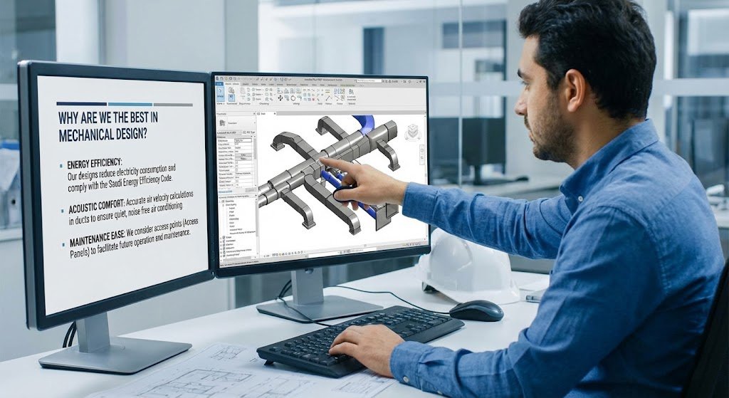 مخطط ميكانيكي (HVAC) يوضح توزيع دكتات التكييف بحسابات دقيقة لسرعة الهواء، مع توضيح أماكن فتحات الصيانة وكفاءة استهلاك الطاقة Mechanical (HVAC) layout showing duct distribution with precise air velocity calculations, highlighting maintenance access panels and energy efficiency features