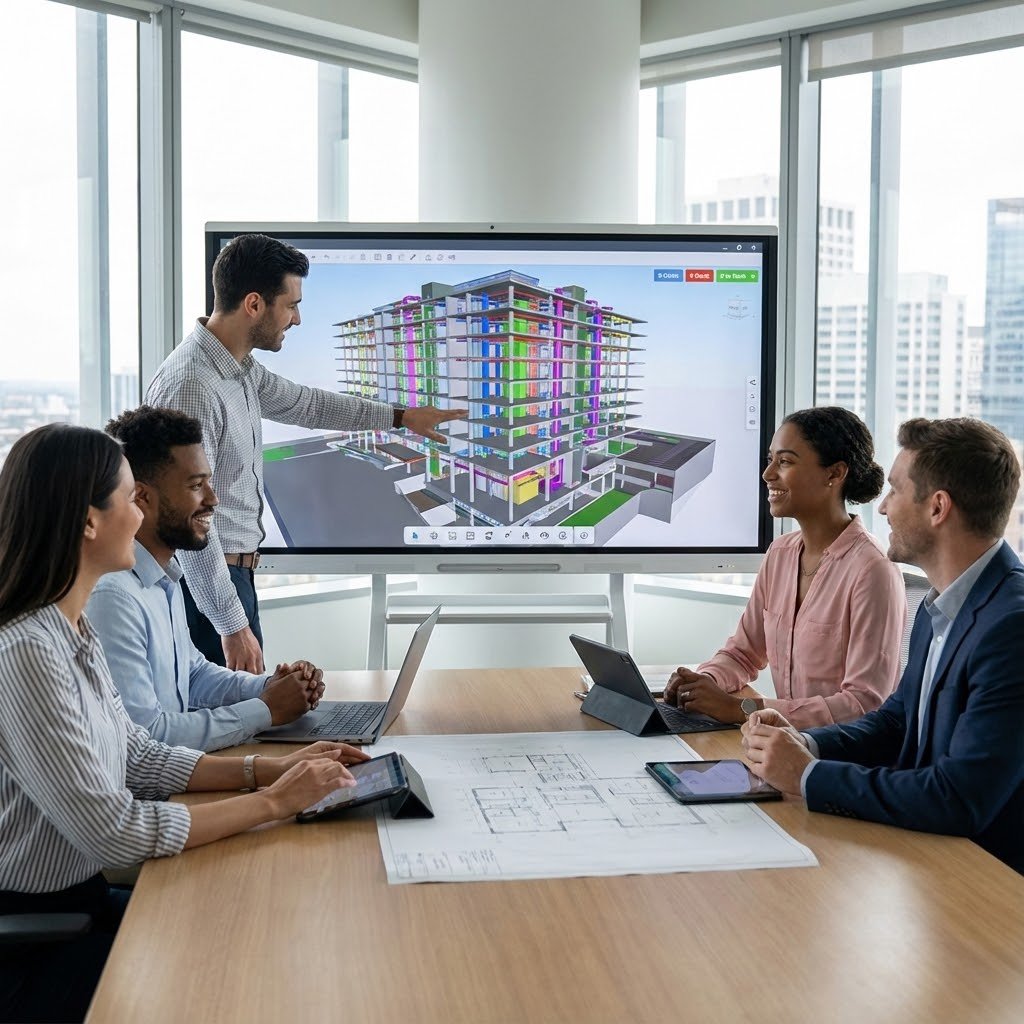 لوحة بيانات (Dashboard) لتقرير BIM يظهر نتيجة "صفر تعارضات" (Zero Clashes) بجانب نموذج معقد ومنسق بدقة عالية، يرمز للكفاءة والسرعة BIM coordination dashboard displaying a "Zero Active Clashes" result next to a highly detailed, fully coordinated 3D model symbolizing efficiency and speed